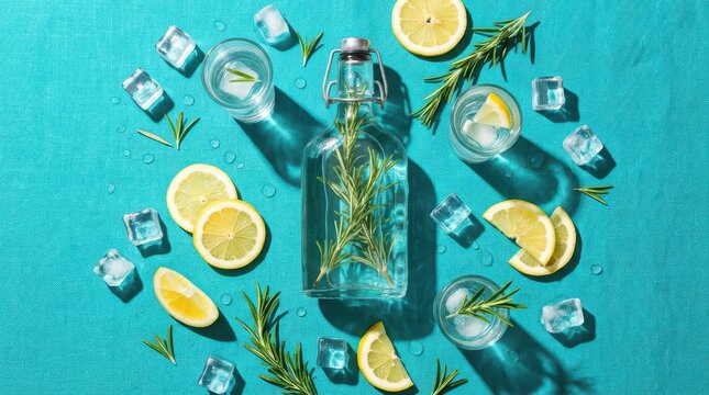 Flat lay of rosemary infused water with lemon slices and ice