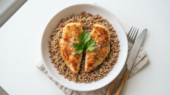 Breaded chicken breast with buckwheat in a white bowl