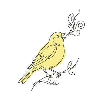 Yellow songbird singing on branch line art.
