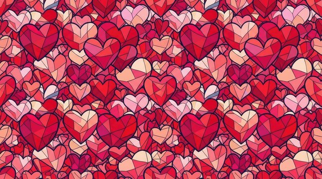 Vibrant mosaic heart pattern features intricate stained glass textures in various shades of romantic red tones