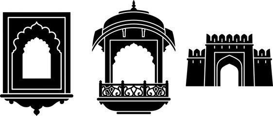 Traditional Indian Architecture Silhouette Set Featuring Ornate Jharokha Window Decorative Balcony and Royal Palace Fort Gate Symbols for Cultural Heritage Designs © Mdsumon