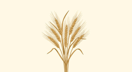 Fototapeta premium Cluster of golden wheat stalks with grains and long leaves against a light yellow background representing agriculture and harvest.