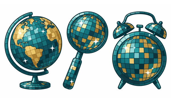 Set of three decorative objects including a globe, magnifying glass, and alarm clock made of sparkling mosaic tiles.