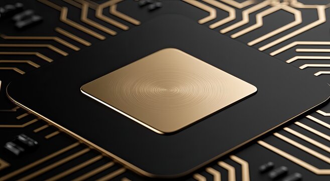Metallic central processing unit on a circuit board with intricate pathways