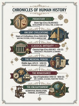 Chronicles of human history timeline with historical eras