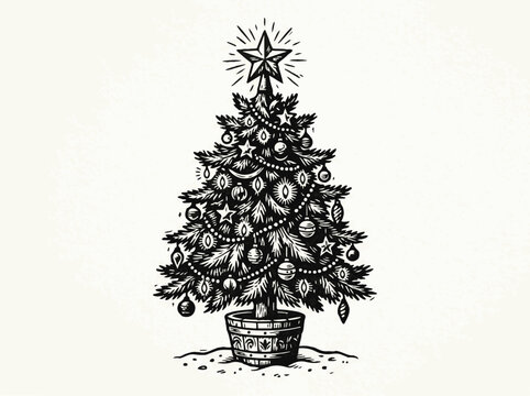 Vintage Linocut Christmas Tree Illustration with Festive Ornaments and Glowing Star Topper, Black and White Rustic Holiday Graphic Art