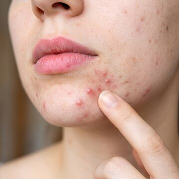 Close up of a young woman touching her chin with visible acne breakouts and skin inflammation issues