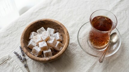 Fototapeta premium Turkish delight in a wooden bowl with a glass of tea