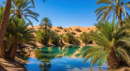 Fototapeta premium Desert oasis with vibrant palm trees reflecting in calm turquoise water under a clear blue sky.