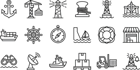 Maritime Shipping and Port Logistics Icon Set Featuring Cargo Ships Lighthouses Anchors Compass Navigation Symbols and Warehouse Freight Elements for Nautical Port Operators © Nurchhana