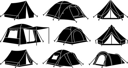 Outdoor Camping Tent Silhouette Vector Icon Set Featuring Various Styles Like Dome Tents Ridge Tents Canopy Awnings and Teepee Tarp Shelter Designs © Mdsumon