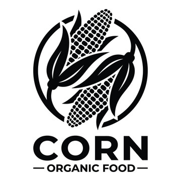 Black and white corn organic food logo with leaves and circle icon