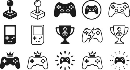 Video Game Controller and Retro Joystick Icon Set Featuring Gamepads Handheld Consoles Esports Trophies and Crown Elements for Gaming Application Branding Designs © Nurchhana