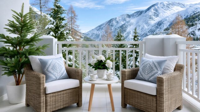 Cozy modern balcony overlooking snowy mountain landscape
