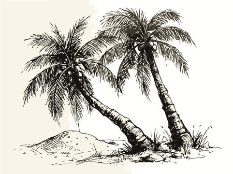Hand-drawn vintage sketch of two tropical palm trees on a beach, minimalist black and white ink illustration for summer travel and vacation.