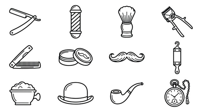 Vintage barbershop icon set with 12 vector line art elements, retro grooming tools for men, classic barber shop equipment and gentleman accessories