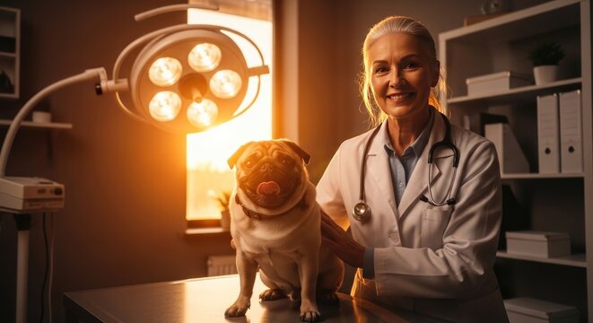 Veterinarian with dog in clinic office.