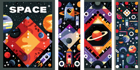 space posters with colorful retro rockets planets and stars futuristic vector illustration astronomy galaxy cosmos saturn moon astronautics exploration science fiction artwork design © PabanBiswas