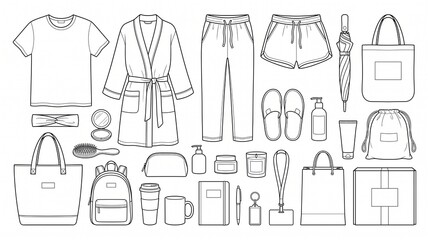 Fototapeta premium Collection of Lifestyle and Branding Merchandise Line Art Icons - Set of Travel Spa and Apparel Vector Illustrations