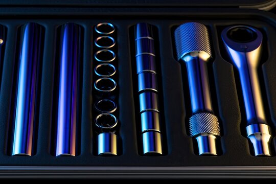 Polished metal socket set in a black molded case with dramatic lighting