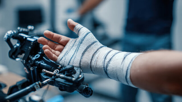 Hand with robotic exoskeleton device attached.