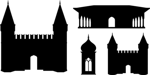Medieval Castle and Historical Fortress Silhouette Set Featuring Tower Turrets Palace Gate and Gothic Window Symbols for Architecture Travel Designs © Mdsumon