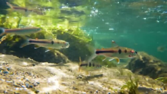 Small stream fish swimming over riverbed.