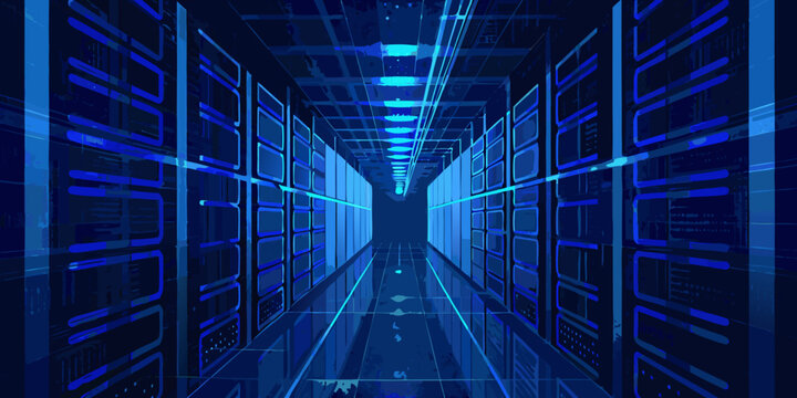 server racks in futuristic data center vector illustration servers technology networking digital infrastructure information storage computer hardware perspective blue grid corridor industrial cyber