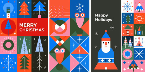 modern geometric christmas posters with abstract shapes holiday design vector illustration seasonal greeting card winter festive pattern graphic art tree snowflake owl santa © PabanBiswas