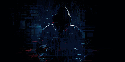 hooded hacker figure in digital glitch art style cyber security anonymity technology internet privacy coding programming data protection network hack intrusion threat cybercrime © PabanBiswas