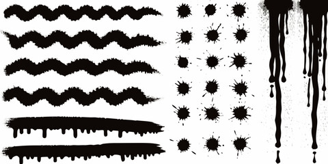 black spray paint graffiti strokes on white background vector artistic urban street art dripping effect zigzag lines dots splatters grunge edgy design elements © PabanBiswas