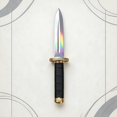 Fototapeta premium Ornamental dagger with rainbow-tinted blade and gold handle on light background.