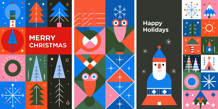 modern geometric christmas posters with abstract shapes holiday design vector illustration seasonal greeting card winter festive pattern graphic art tree snowflake owl santa