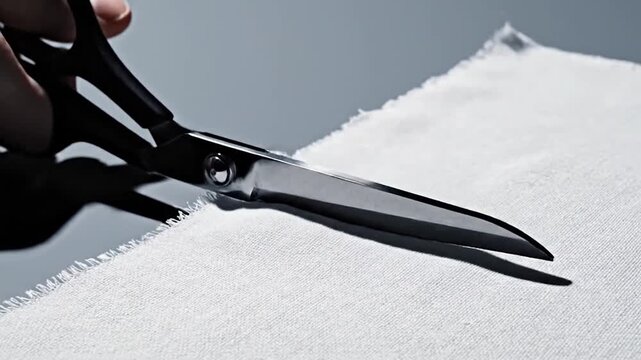 Steel scissors cutting through white textured linen fabric.