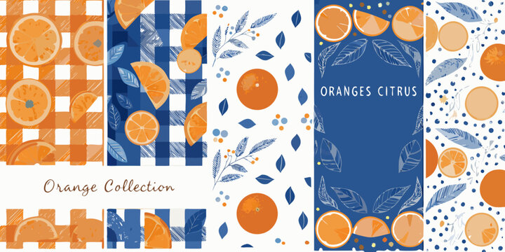 orange citrus fruit patterns with blue and white checkered backgrounds pattern background design illustration slice leaf graphic food fresh natural tropical summer print