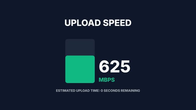 Upload speedometer animation, dynamic progress bar filling with increasing internet speed values, symbolizing fast data transfer, rapid online connectivity, and efficient file sharing