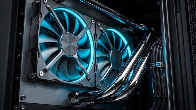 High performance liquid cpu cooler installed inside modern gaming computer
