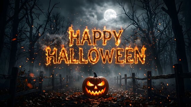 Happy halloween flaming text with a glowing pumpkin in a dark, foggy forest at night under a full moon