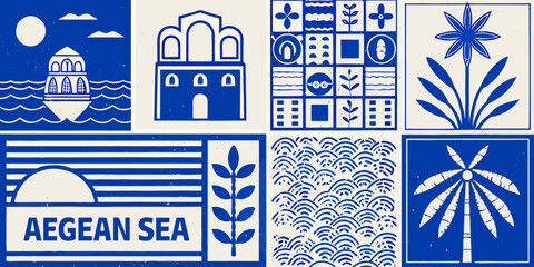 greek themed vintage block print collage blue and white theme architecture building sea waves palm tree flower pattern design illustration artwork travel culture © PabanBiswas