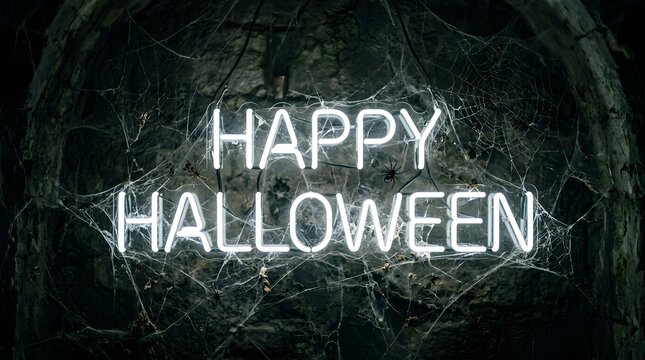 Happy halloween glowing white neon sign mounted on a dark stone wall covered in thick spider webs and spiders