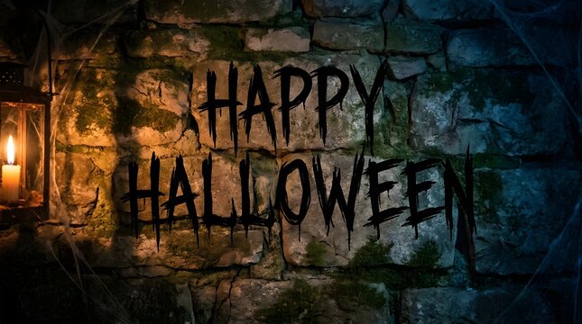 Happy halloween text written in a dripping, bloodlike horror font on an old, mossy stone wall next to a lit vintage lantern
