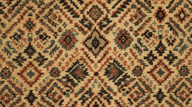 Traditional ethnic geometric pattern on woven fabric texture, vintage tribal kilim style background