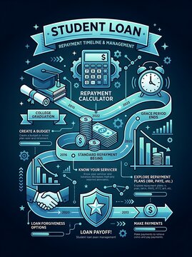 Student loan repayment timeline and financial planning infographic