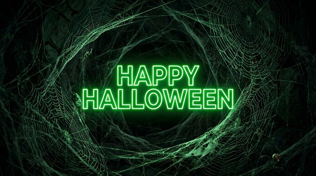 Neon green happy halloween sign glowing in the center of a dark tunnel covered in thick spider webs