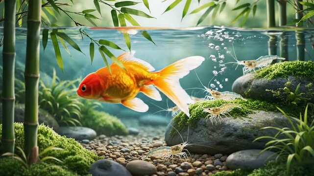 Underwater view of goldfish and shrimp near bamboo.