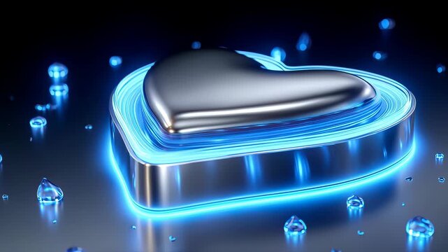 Heartshaped metallic object with glowing blue light