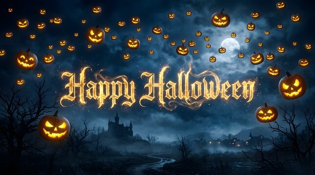 Happy halloween text with flying jackolanterns in a dark haunted landscape