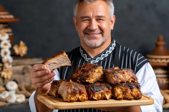 Smiling chef holding grilled ribs on a platter
