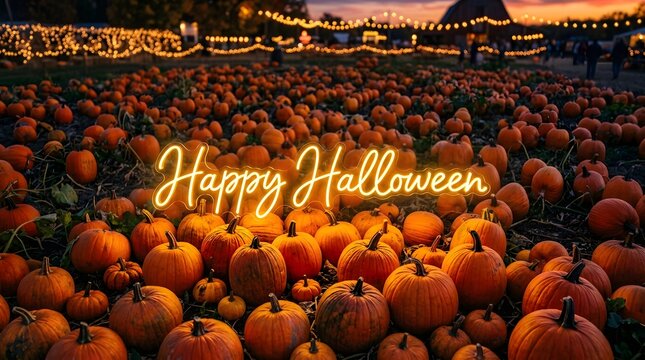 Happy halloween neon sign glowing over a large pumpkin patch at sunset