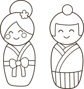Cute Japanese Kokeshi Doll Line Art Minimalist Boy Girl Kimono Cartoon Coloring Page